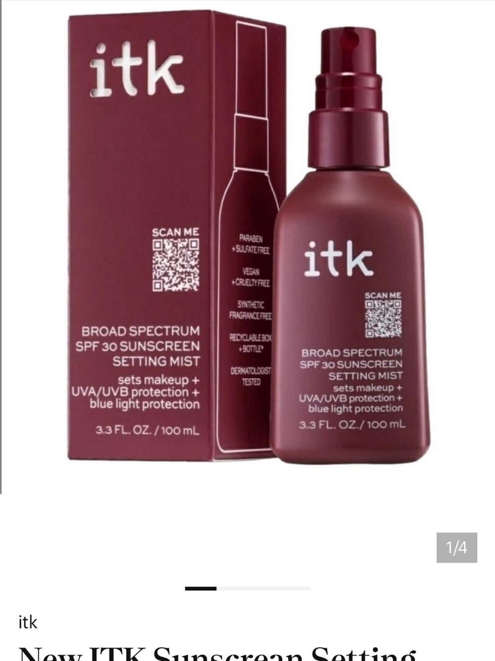 Itk Broad Spectrum SPF 30 Sunscreen Setting Mist — nwot
